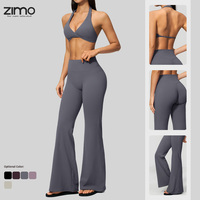 Ensemble de yoga deux pièces OEM écologique et respirant en Spandex/Nylon, avec soutien-gorge dos nu à col en V et leggings évasés taille haute, couleur unie, pour grandes tailles