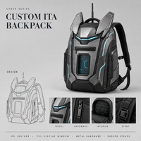 Sac à dos Ita Bag personnalisé Cyber Mech Armor gris cyan en cuir PU et PVC avec fenêtre de présentation, bretelles rembourrées, fabrication d'échantillons OEM ODM