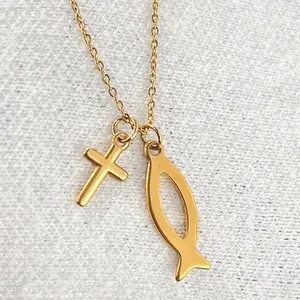 宗教饰品不锈钢耶稣十字架魅力基督教鱼吊坠项链精神耶稣基督项链