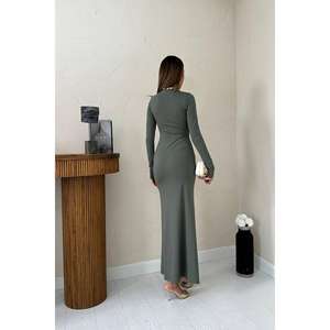 Robe longue moulante kaki en gros, col montant, taille naturelle, confortable pour les soirées - Product Image 1