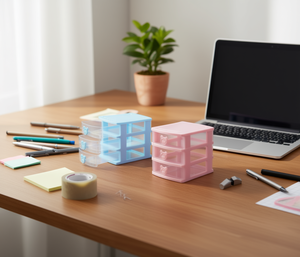 Mini organizador de cajones de escritorio, caja de almacenamiento de plástico de 3 niveles para oficina, escuela, maquillaje, artículos para el hogar, diseño bonito, desmontable - Product Image 2