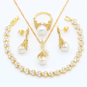 Wedding Gold Color Freshwater Pearl Jewelry Set for Women Earrings Necklace Pendant Ring White Zircon Bracelet 2021 New