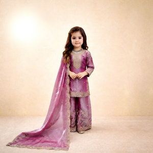 Ensemble de costume Salwar Kameez en soie brodée pour filles, couleur violette, avec palazzo et dupatta, tenue de mariage traditionnelle - Product Image 1