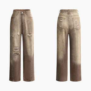 Jeans droits marron clair déchirés taille haute personnalisés pour femmes pantalon <span class=keywords><strong>baggy</strong></span> décontracté et mince en denim délavé vintage pour femmes - Product Image 2