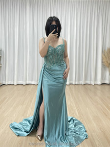 MB40424 <span class=keywords><strong>Vestido</strong></span> de Noche Sexy con Abertura Alta y Tirantes Espagueti, Estilo Sirena, Adornado con Hermoso Bordado Floral 3D y Falda Lateral Elegante - Product Image 5