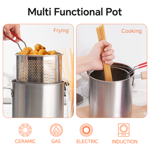 Ensemble de 3 friteuses profondes en acier inoxydable jetables, antiadhésives, compatibles lave-vaisselle, avec panier de friture, couvercle en verre et poignée en bois, tout-en-un - Product Image 5