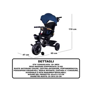 Triciclo de Plástico Star Blue Net, 65x47x110 cm, Capacidad 25 kg, MAZZEO GIOCATTOLI, Vehículo Infantil con Toldo y Asiento Ajustable - Product Image 3