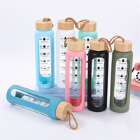 Botol Air Kaca 1 Liter Tumbler Motivasi Dengan Penanda Waktu Botol Kaca Borosilikat Dengan Selubung Silikon dan Tutup Bambu