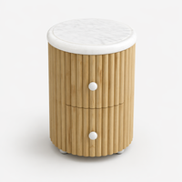 Table de chevet ronde en bois cannelé de style Japandi moderne, 2 tiroirs, couleur personnalisable, finition chêne naturel, écologique, pour la décoration de chambre d'hôtel