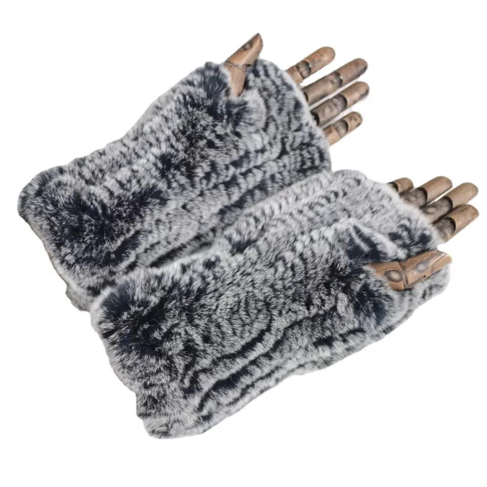MWFur Rex gants en fourrure de lapin mitaines pour dames filles mode élastique tricoté à la main hiver chaud fille doigt moins gants