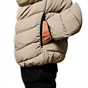 Men's Hooded Puffer Jacket Winter Casual Windproof Zipper Closure <b>Fur</b> Trim Down Filled Long Length Beige Color - Product Image 5