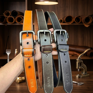 Ceinture en cuir de vachette pour homme avec boucle carrée en cuivre, marron noir, style vintage, pour le bureau, la maison, confortable, imperméable - Product Image 1