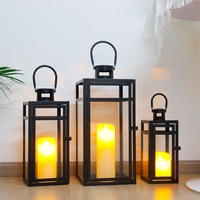 Ensemble de 3 lanternes à bougies en verre et fer noir mat, centres de table de mariage, supports de lampes, lanternes à bougies résistantes au vent en métal