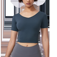 Nouvelle collection été : Haut de sport haut de gamme pour femme en Spandex/Nylon, col en V, manches courtes, anti-humidité, ajusté et flatteur pour la silhouette