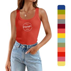 Camiseta sin mangas de LICRA de alta elasticidad con cuello en U en blanco personalizada para mujer, camiseta sin mangas de Color sólido ajustada acanalada - Product Image 1