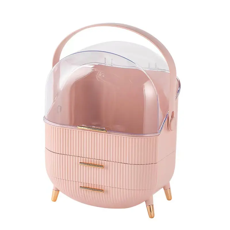 Pink style Cosmetic Storage Box Clear Cover Make Up Display Case 2 Drawer Makeup Organizer with Brush Holder Lipstick Rack