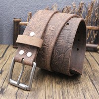 Ceinture en cuir pleine fleur gaufré motif cerf et forêt, style vintage, pour homme, en cuir véritable, idéale pour le western, la chasse et les jeans rétro