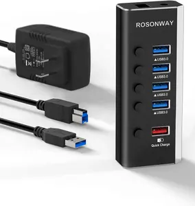 ออกแบบใหม่อลูมิเนียมความเร็วสูง5 Por USB 3.0 Hub พร้อม4 * USB3.0พอร์ตข้อมูล1 * พอร์ตชาร์จเร็ว24W(12V/2A) อะแดปเตอร์ไฟ