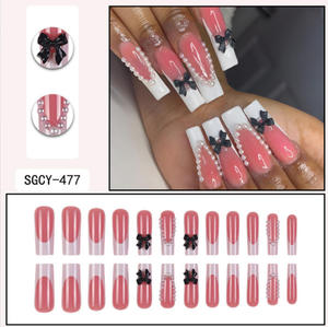 <span class=keywords><strong>Uñas</strong></span> Postizas Largas <span class=keywords><strong>y</strong></span> Delgadas al por Mayor, Degradado Rosa, Blanco, Lazo Negro 3D, Perla, Reutilizables, OEM, ODM, Empaque Personalizado - Product Image 4