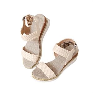 Sandales tissées rouges en gros d'usine - Espadrille à talon compensé, bride à la cheville, chaussures décontractées pour femmes au quotidien - Product Image 5