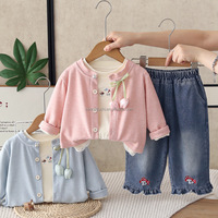 D3748 Pakaian Anak Perempuan Korea Musim Gugur Baru Celana Jeans Renda Tulip Lengan Panjang Set Telinga Kelinci Kartun Tiga Potong Kustom 100% Katun