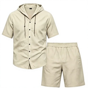 Men Breathable Knitted Solid Hooded Shirt Set Short Sleeve Button-Up Top and Elastic Waist Shorts Casual Summer Outfit - Product Image 1
