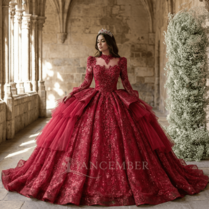 Vestido de Quinceañera Rojo Moderno de Lujo Xs257 con Cola de Capilla y Bordado de Cuentas, Manga Larga, para el 15º Cumpleaños - Product Image 1