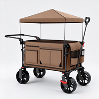 Chariot de camping pliable à quatre roues, chariot utilitaire avec poignée réglable, auvent, cadre métallique pour les courses, la plage, le jardin