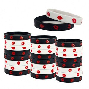 <b>Lipstick</b> Flying Kiss Pattern Silicone Bracelet Black White Boyfriend Girlfriend Rubber Wristband <b>Custom</b> Logo and Information - Product Image 5
