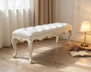 Luxury White Tufted Wood <b>Bed</b> Bench French Rococo Carved <b>End</b> of <b>Bed</b> Bench with Gold Trim Multi-Purpose Bedroom Furniture - Product Image 5