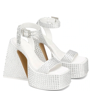 Sandalias de Verano Plateadas con Diamantes para Mujer, Zapatos de Tacón Alto y Grueso, Zapatos de Plataforma con Tacón Triangular y Pedrería Brillante - Product Image 2