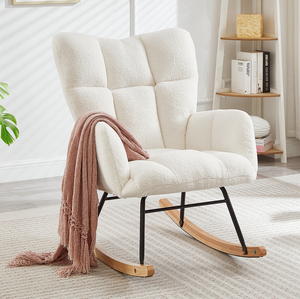 Fauteuil à bascule moderne et portable pour salon, rembourré en tissu Teddy capitonné avec pieds en bois, fauteuil d'appoint blanc ivoire - Product Image 1