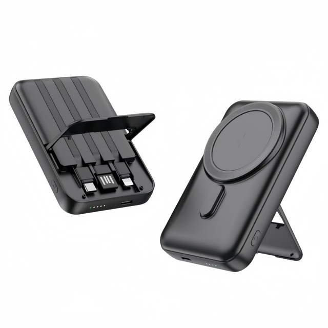 New Products 2026 10000mAh Magnetic Wireless Fast Charging Power Bank with Phone Stand and Built-in Cables