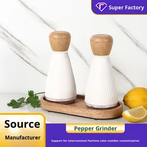 ชุดเครื่องบด<span class=keywords><strong>เกลือ</strong></span>และพริกไทยพลาสติกสำหรับครัว เครื่องบดพริกไทยแบบมือหมุน ปรับความละเอียดได้ พร้อมฐานไม้ - Product Image 4