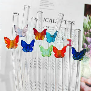 Sedotan Kaca Warna-warni Grosir, Sedotan Minum Transparan Lentur yang Dapat Digunakan Kembali dengan Motif Kupu-kupu Lucu dan Sikat Pembersih - Product Image 1