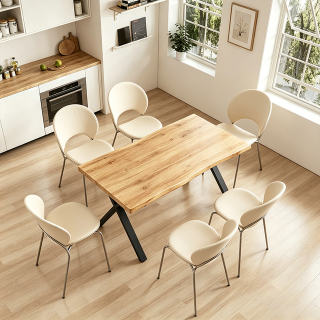 Minimalist Style Rectangle Live Edge Dining Table Metal Base Dining Room Furniture Wooden Modern Dining Table Set 6 Seater
