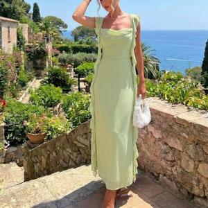 Robe longue élégante en mousseline de soie verte avec volants, col carré, sans manches, silhouette sirène ajustée, robe de soirée d'été - Product Image 3