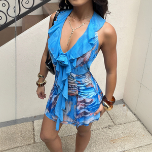 Robe mini moulante sexy en maille à volants, patchwork, col en V, dos nu et froncée - Product Image 5