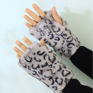 Multi Color Women Winter Furry Plush Gloves <span class=keywords><strong>Leopard</strong></span> Print Fingerless Arm Warmers Mittens Half Finger Gloves - Product Image 4