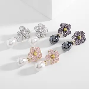 Fashion Jewelry Earrings Luxury Elegant Cubic Zirconia Flower Pearl Dangle Earrings for Women
