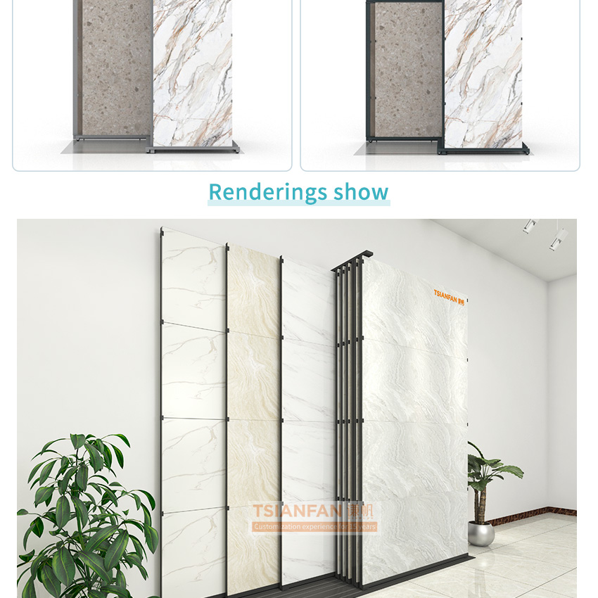 Showroom system floor-standing push-pull sliding metal tile sample granite marble quartz artificial stone display stand