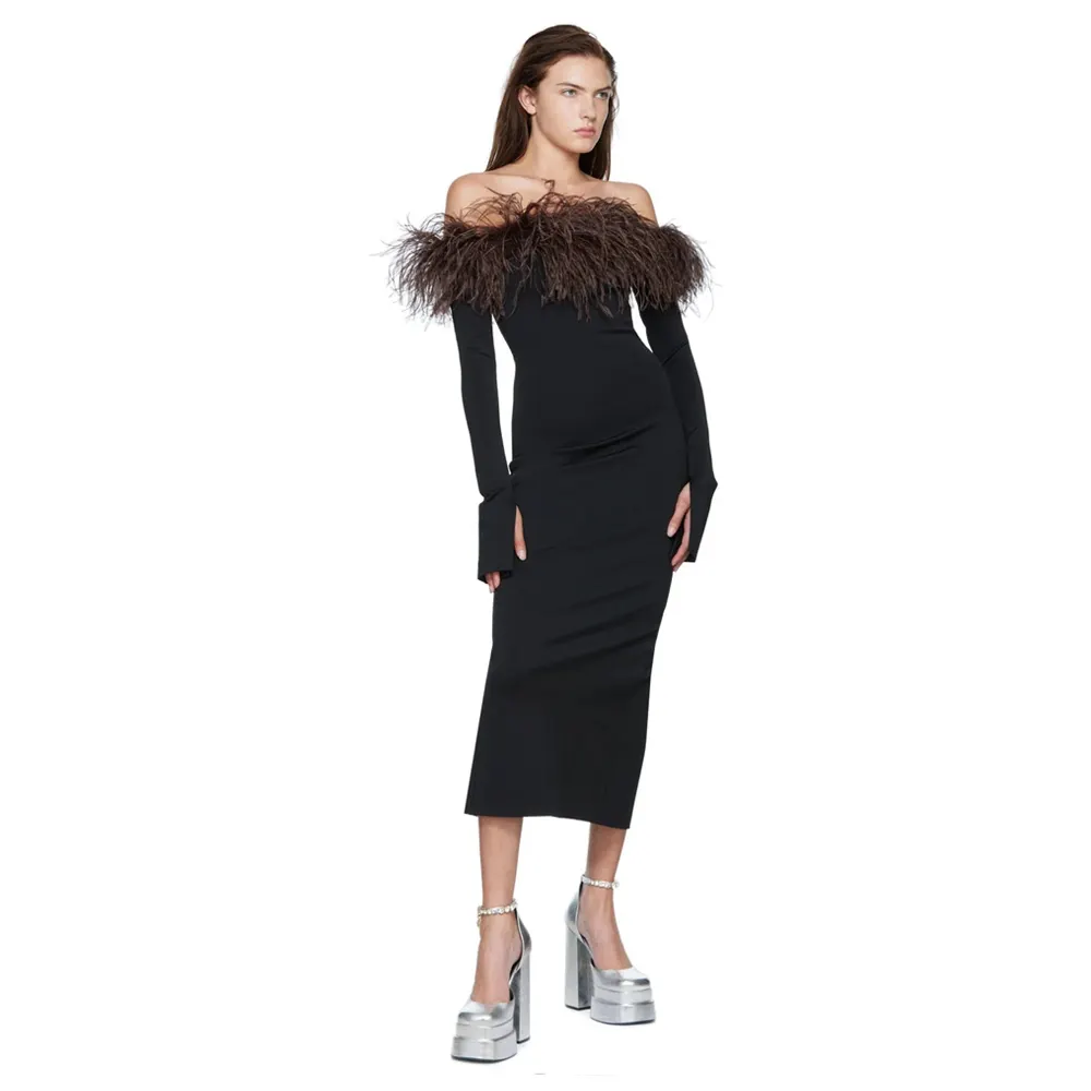 FD2557 Womens Clothing Top Quality Black Bandage Split Formal Dress Long Sleeve Luxury Evening Dresses With Feathers For Gown