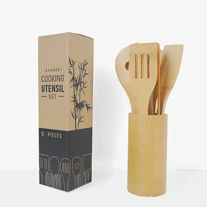 8pcs madeira bambu cozinhar utensílios de cozinha conjunto com suporte colheres de madeira para cozinhar panelas antiaderentes