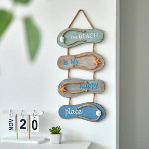 Mediterranean Wooden <b>Wall</b> Sign 4Pcs Slippers Shape Home Decoration Distressed Design With Rope And Shell <b>Decor</b> - Product Image 1