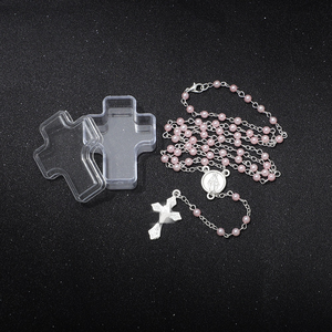 Collier chapelet 59 perles imitation perle 4mm avec pendentif croix en alliage et boîte transparente en forme de croix, bijoux religieux catholiques <span class=keywords><strong>pour</strong></span> la <span class=keywords><strong>prière</strong></span> - Product Image 2