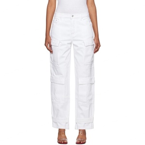 Custom Women 100% Cotton White Cargo Jeans <b>Trousers</b> With Bellows Pockets Straight Leg Jean Pants - Product Image 3