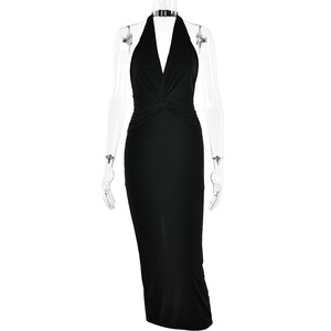 Robe longue dos nu à col halter et décolleté en V pour femme, tenue de soirée respirante, taille naturelle, sans manches - Product Image 4