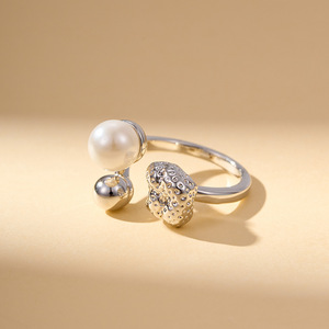 Pearl <b>Ring</b> Gold Textured Adjustable <b>Opening</b> Bezel Setting AAA Grade Round Geometric Shape Everyday Wear - Product Image 4