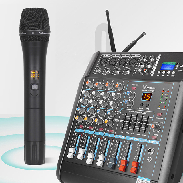 Professional 4-Channel USB Audio Mixer with Built-in 250W*2 Power Amplifier and 2 UHF Wireless Microphones Reverb Effect