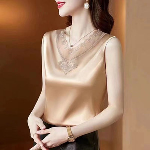 Women's Sleeveless Satin Camisole V-Neck <b>Lace</b> Inner Top Summer Solid Color Micro-<b>Elastic</b> Base Layer Tank Top - Product Image 1
